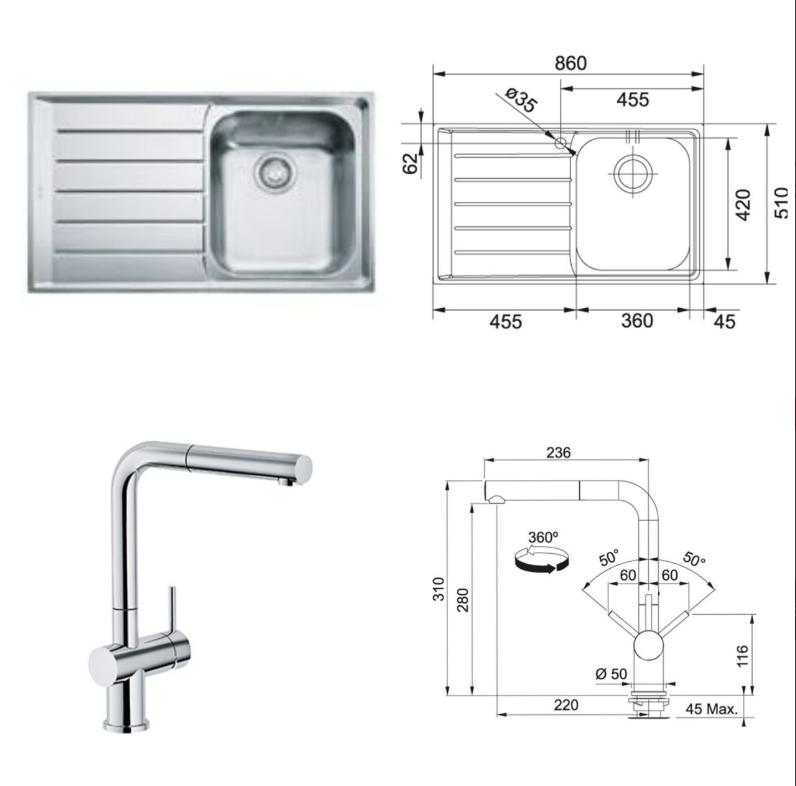 FRANKE NEPTUN NEX 611 TEK GÖZLÜ SOL DEKORLU DAMLALIKLI ÇELİK EVİYE VE ACTİVE PLUS KROM ARMATÜR KAMPANYASI