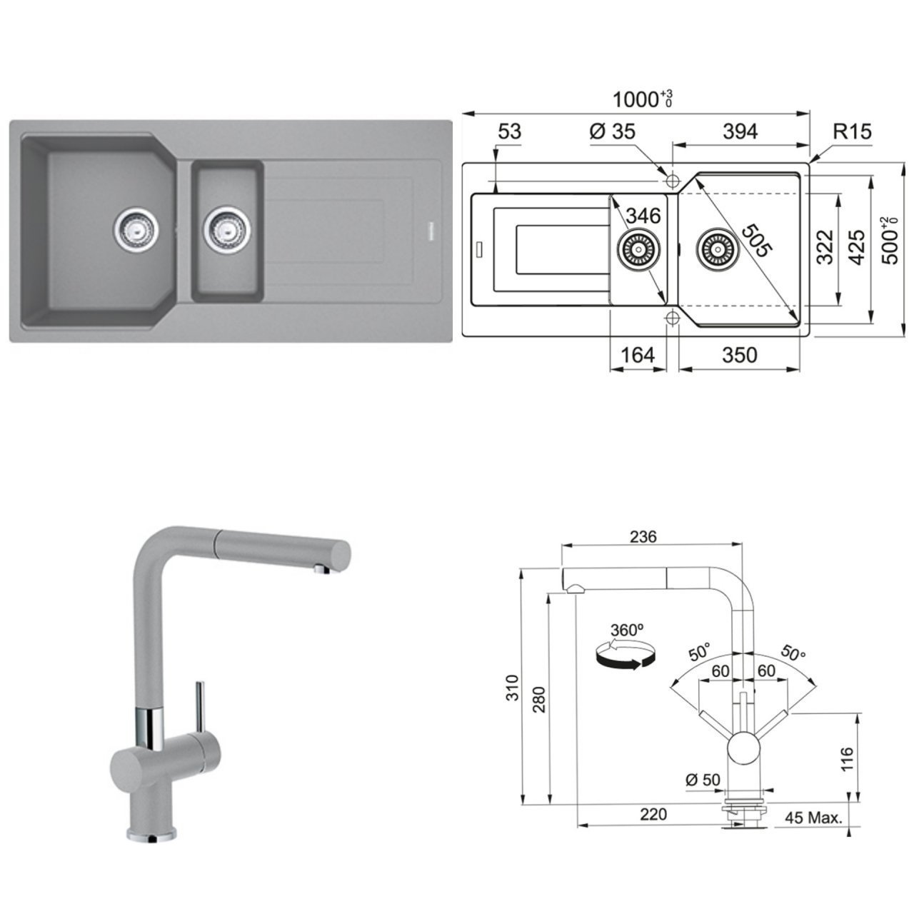FRANKE URBAN UBG 651-100 1,5 GÖZLÜ GREY EVYE ARMATÜR KAMPANYASI