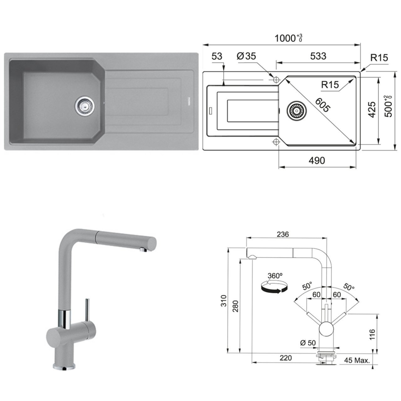 FRANKE URBAN UBG 611-100 TEK GÖZLÜ STONE GREY EVYE ARMATÜR KAMPANYASI