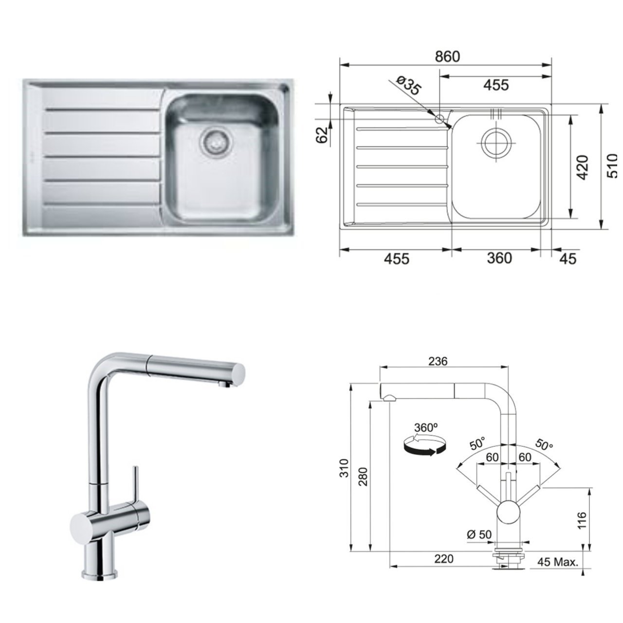 FRANKE NEPTUN NEX 611 TEK GÖZLÜ SOL DAMLALIKLI ÇELİK EVİYE VE ACTİVE PLUS KROM ARMATÜR KAMPANYASI